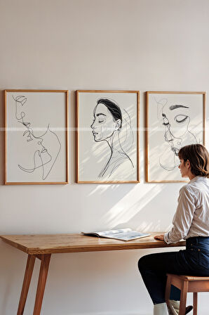 Minimal Çizgisel Sanat 3'lü Ahşap Çerçeveli Tablo Seti-2
