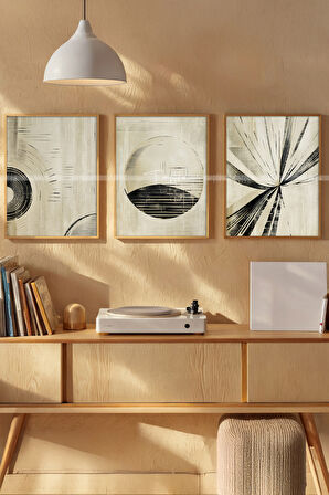 Minimal Geometrik Desenler 3'lü Ahşap Çerçeveli Tablo Seti-2