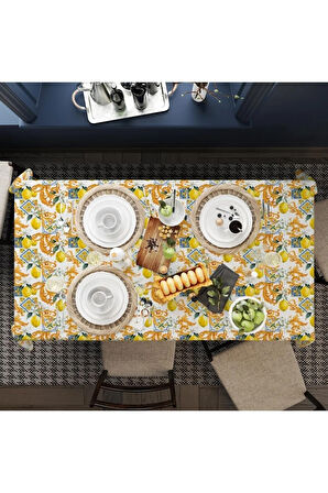 Limon Tasarımlı Masa Örtüsü - (ince Keten, Uluslararası Yıkama Ve Solmama Sertifikası)