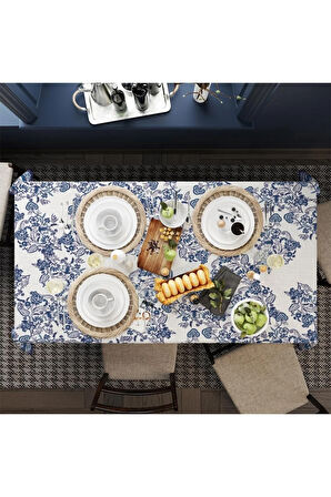 Blue Flowers Masa Örtüsü -Uluslararası yıkama ve solmama sertifikası 160cm x 220cm, Kumaş ince keten