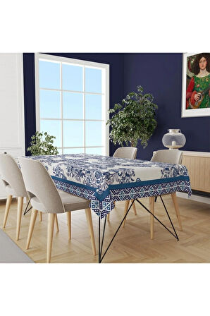 Blue Flowers Masa Örtüsü -Uluslararası yıkama ve solmama sertifikası 160cm x 220cm, Kumaş ince keten