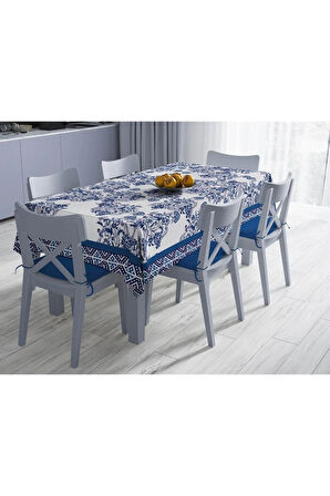 Blue Flowers Masa Örtüsü -Uluslararası yıkama ve solmama sertifikası 160cm x 220cm, Kumaş ince keten