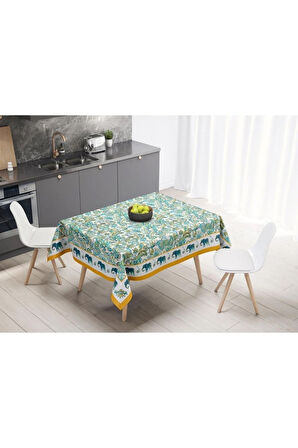 Blue Elephant Masa Örtüsü - ( Fil Desenli, Ince Keten, Uluslararası Yıkama Ve Solmama Sertifikası)