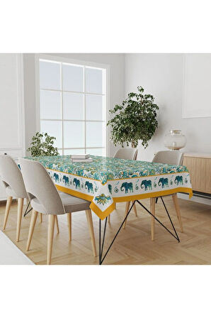 Blue Elephant Masa Örtüsü - ( Fil Desenli, Ince Keten, Uluslararası Yıkama Ve Solmama Sertifikası)