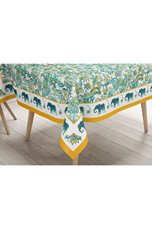 Blue Elephant Masa Örtüsü - ( Fil Desenli, Ince Keten, Uluslararası Yıkama Ve Solmama Sertifikası)