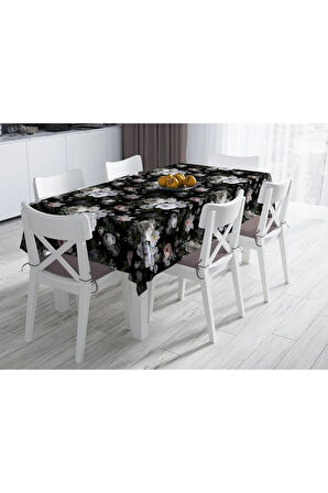 Siyah Çiçek Masa Örtüsü - (ince Keten, Uluslararası Yıkama Ve Solmama Sertifikası)