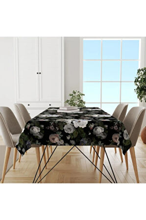 Siyah Çiçek Masa Örtüsü - (ince Keten, Uluslararası Yıkama Ve Solmama Sertifikası)