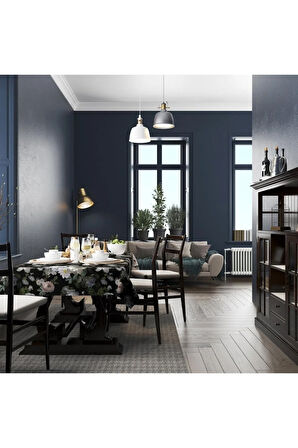 Siyah Çiçek Masa Örtüsü - (ince Keten, Uluslararası Yıkama Ve Solmama Sertifikası)