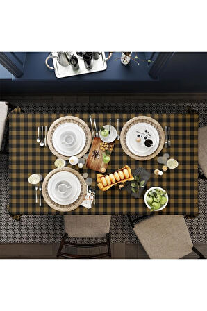 Sarı Siyah Kare Masa Örtüsü Uluslararası yıkama ve solmama sertifikası 160 x 220cm, Kumaş ince keten