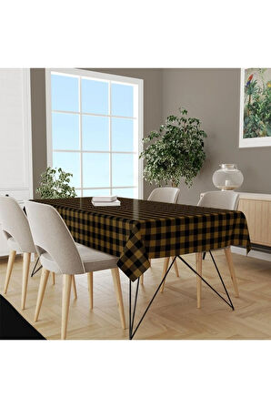 Sarı Siyah Kare Masa Örtüsü Uluslararası yıkama ve solmama sertifikası 160 x 220cm, Kumaş ince keten