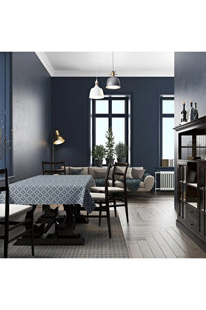 Mavi Geometrik İnce keten Masa Örtüsü (Uluslararası yıkama ve solmama sertifikası - 160x220cm)