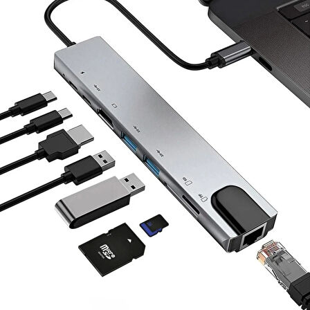 8in1 Type-C HDMI ETHERNET Çevirici Hub Çoğaltıcı HDMI 4K/RJ45/USB/TF/TYPEC Giriş