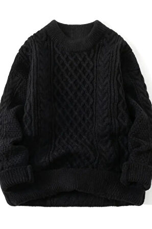 Erkek Siyah Saç Örgülü Yürütmeli Regular Fit Bisiklet Yaka Triko Kazak