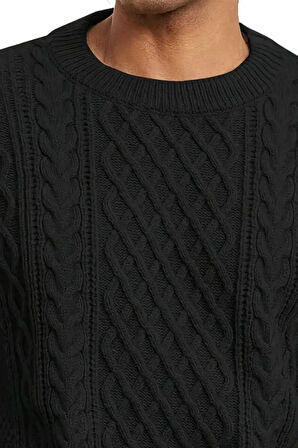 Erkek Siyah Saç Örgülü Yürütmeli Regular Fit Bisiklet Yaka Triko Kazak