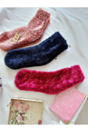 3 Çift Tüylü Kışlık Termal Patik Dikişsiz Çorap  GÜL K LACİ FUŞYA 36-41.