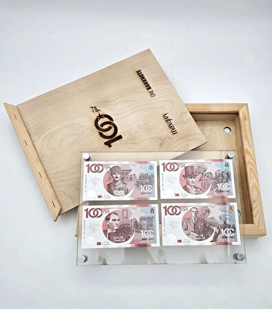 Özel Ahşap Kutulu ve Pleksi Çerçeveli TC 100. Yıl Banknot Seti