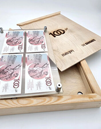 Özel Ahşap Kutulu ve Pleksi Çerçeveli TC 100. Yıl Banknot Seti