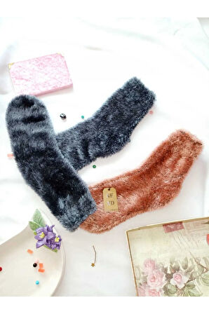 2 ÇİFT TÜYLÜ KIŞLIK TERMAL PATİK DİKİŞSİZ ÇORAP ERKEK KADIN EV-PARTİ ÇORABI MAVİ VİZON 36-41.