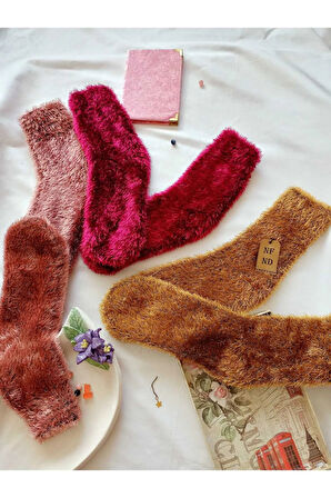 3 ÇİFT TÜYLÜ KIŞLIK TERMAL PATİK DİKİŞSİZ EV-PARTİ ÇORABI PEMBE SARI GÜLKURU 36-41.