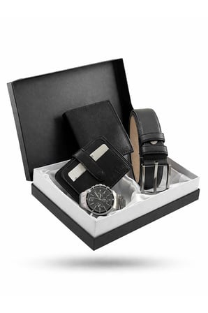 Özel Lüks Premium Serisi Damat Çeyiz Dikey Cüzdan Kemer Kartlık ve Metal Özel Saat Çeyiz Kutulu Seti