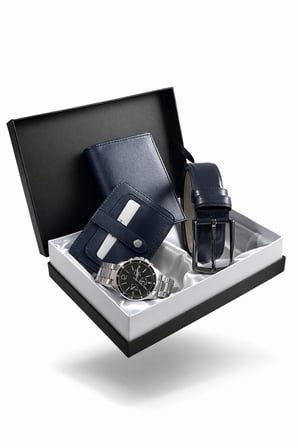 Özel Lüks Premium Serisi Damat Çeyiz Dikey Cüzdan Kemer Kartlık ve Metal Özel Saat Çeyiz Kutulu Seti