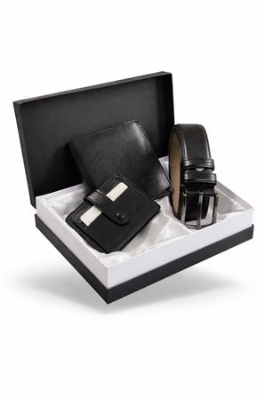 Özel Lüks Premium Serisi Damat Çeyiz Yatay Classic Cüzdan Kemer ve Kartlık Çeyiz Kutulu Seti
