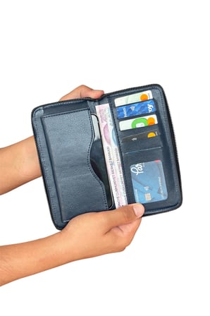 Premium Serisi Özel Kutulu Deri Dikey Fermuarlı Telefon Bölmeli Cüzdan Kemer ve Kartlık Erkek Seti