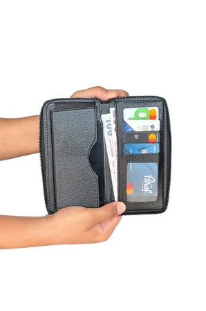Premium Serisi Lüks Deri Dikey Fermuarlı Telefon Bölmeli Cüzdan Kemer Kartlık Ve Çakmak Erkek Seti