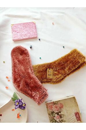 2 ÇİFT TÜYLÜ KIŞLIK TERMAL PATİK DİKİŞSİZ ÇORAP ERKEK KADIN EV-PARTİ ÇORABI GÜL KURUSU SARI 36-41.