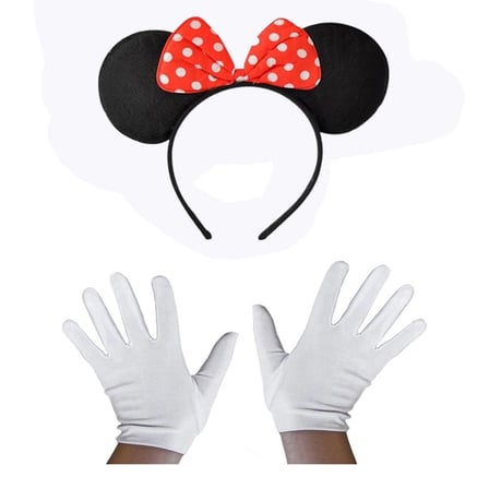 Siyah 1 Adet Kırmızı Fiyonklu Minnie Mouse Tacı Ve Beyaz Eldiven Seti