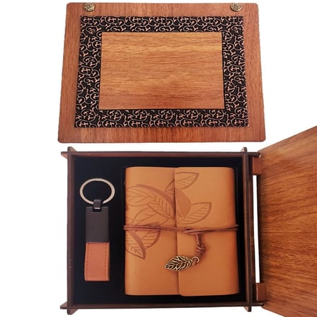 Defter Ahşap Kutulu Taba Renk Deri Anahtarlık Set