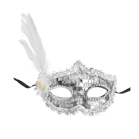 Maske Gümüş Payetli Pullu Beyaz Renk Yandan Tüylü Parti Si 18X22 Cm