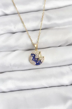 Kadın Kolye Çelik Zincir Gold Renk Gece Model Zirkon Taşlı