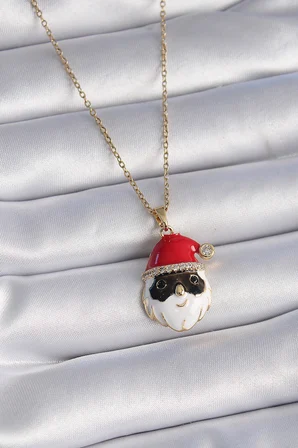 Kadın Kolye Çelik Gold Renk Zincir Zirkon Taşlı Yılbaşı Temalı Noel Baba Figür
