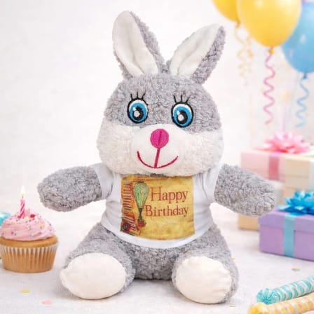 25 Cm Gri Doğum Günü Tişörtlü Peluş Tavşan