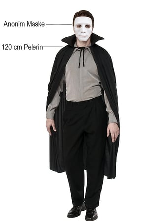 Pelerin Siyah Renk Yakalı 120 Cm Ve Beyaz Anonim Maske