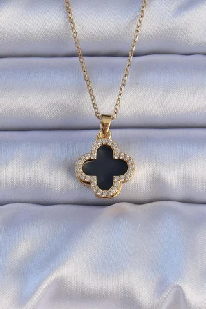 Kolye Çelik Gold Renk Siyah Mineli Zirkon Taşlı Yonca Figürlü