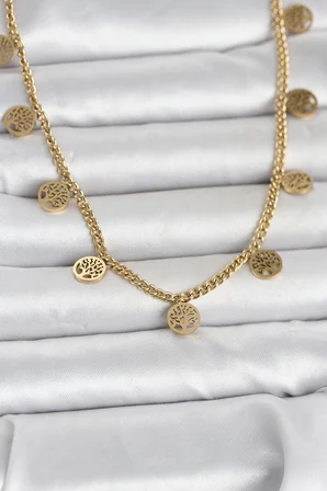 Kadın Kolye Çelik Gold Renk Yaşam Ağacı Model