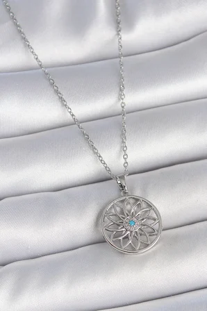 Kadın Kolye Çelik Gümüş Renk Zincir Mavi Taşlı Lotus Model