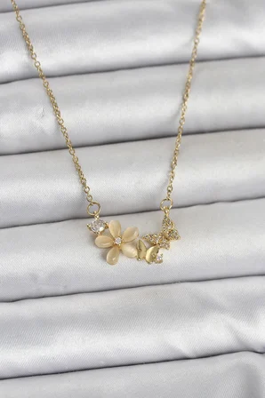 Kadın Kolye Çelik Zincir Gold Renk Çiçek Ve Model