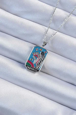 Kolye Çelik Zincir Gümüş Renk Taç Ve Kız Figürlü Renkli Mineli Tarot