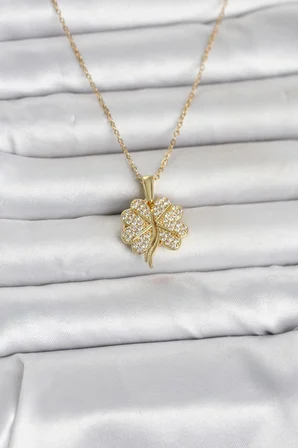 Kadın Kolye Çelik Gold Renk Açılabilir Yonca Model Zirkon Taşlı