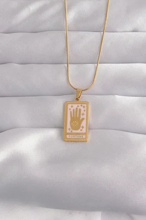 Kolye Çelik Gold Renk Pembe Mineli El Figür Tarot