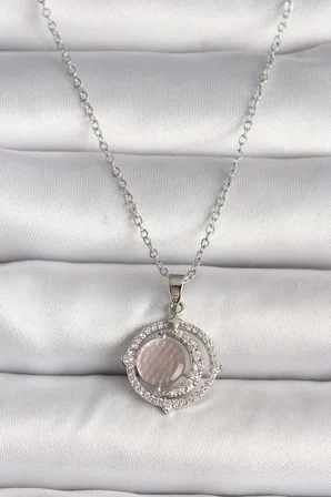 Kadın Kolye Çelik Gümüş Renk Zirkon Taşlı Pembe Sedefli Hilal Model