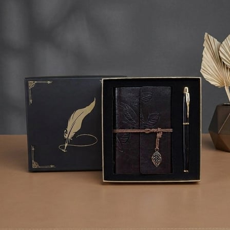 Kalem Seti Vip Kutulu Deri Yaprak Desenli Defter Ve Metal Roller