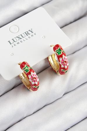 Kadın Küpe Pirinç Gold Renk Kırmızı Çiçek İşleme Mineli