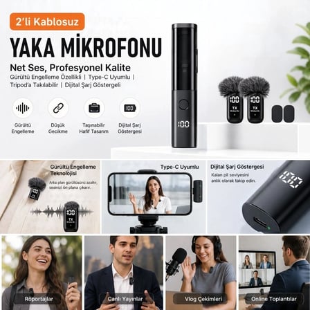 Ergonomik Kablosuz Yaka Mikrofon Seti, Gürültü Engelleyici, Type-C Uyumlu, Dijital Göstergeli