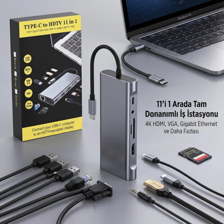 Ergonomik 11 Fonksiyonlu Type-C Hdmi Usb Çoklayıcı Adaptör