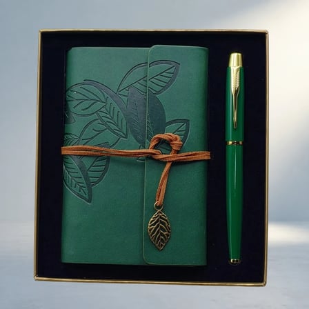 Şık Defter Kalem Seti Yeşil Renk Kutu Ile