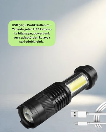Güçlü 2000 Lümen Şarjlı Led El Feneri Kamp İçin